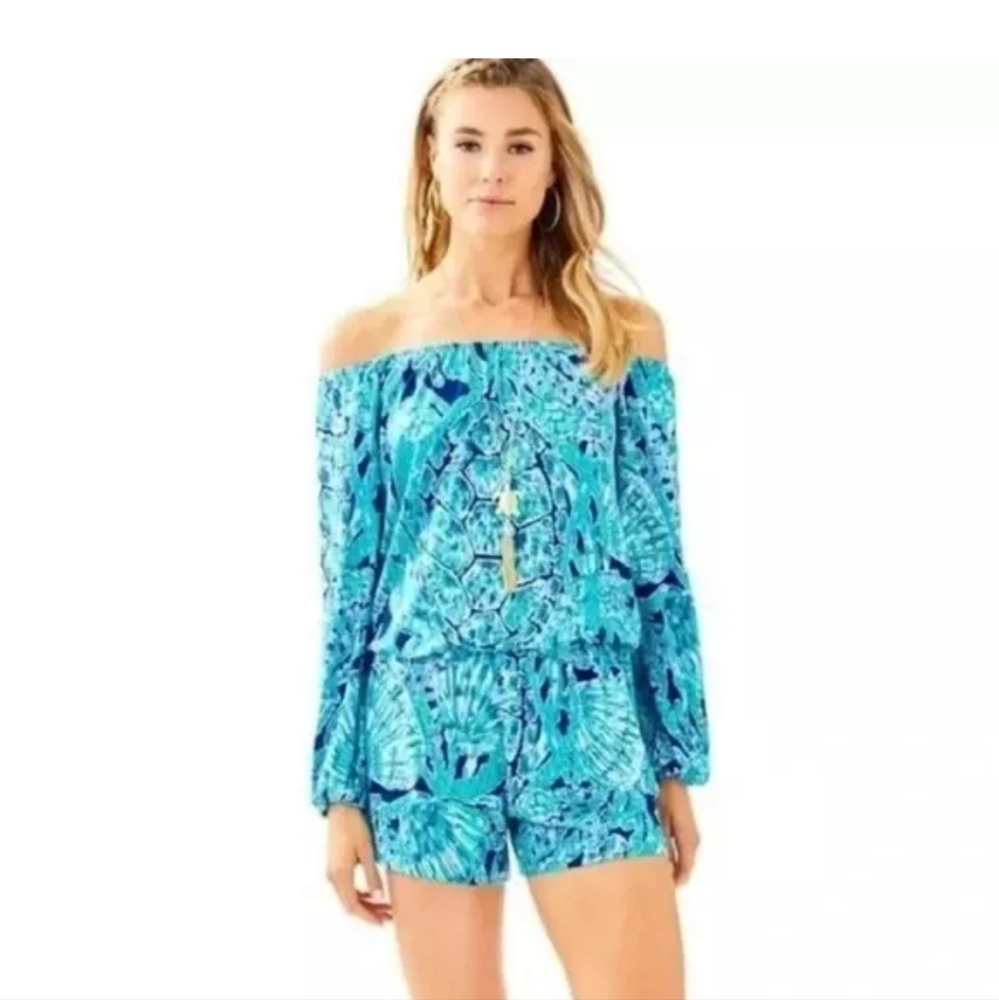 Lilly Pulitzer Lana in Blue Tortuga Time Turtle Shell Print Romper XXS
